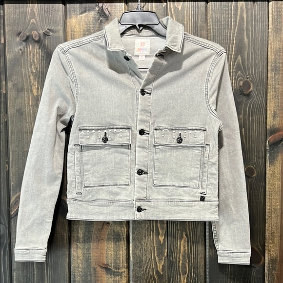 Lularoe Denim Jacket S Grey Embellished Sequin Tiger Stretch Cropped Edgy Boho